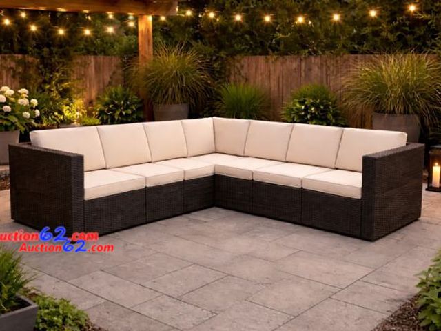 Lot 44-1827n - NEW outdoor furniture seating couch- 7 seat L couch tan Appears New, A basic inspection has been given to this item. Sold AS-IS. See All Pho...