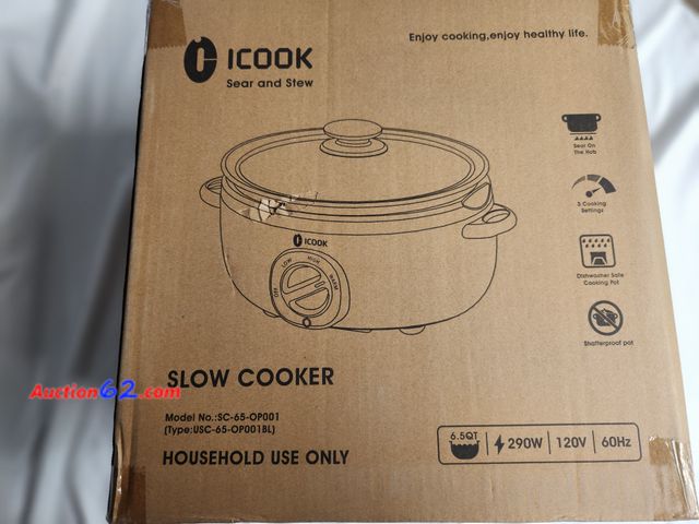 Lot 44-2023i - 1 new factory sealed slow cooker. 6.5 quart sear and stew. 3 cook settings. Dishwasher safe cooking pot. Shatterproof pot. Apple shape desig...