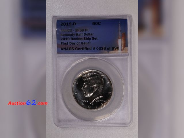 Lot 44-8302i - 2019-D KENNEDY CLAD HALF DOLLAR TAKEN FROM 2019 ROCKET SHIP SET GRADED SP69 PL (SPECIAL FINISH PROOF LIKE) BY ANACS. 1 POINT SHY OF A PERFEC...
