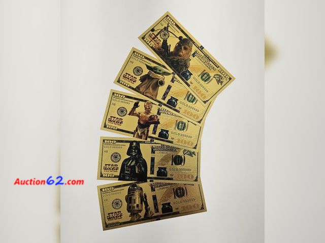 Lot 44-8305m - FIVE (5) STAR WARS GOLD FOIL 100 REPLICA NOTES - BABY YODA GROGU, R2-D2, C3PO, CHEWBACCA AND DARTH VADER. EACH ONE HAS THE MILLIENNIUM FALCO...