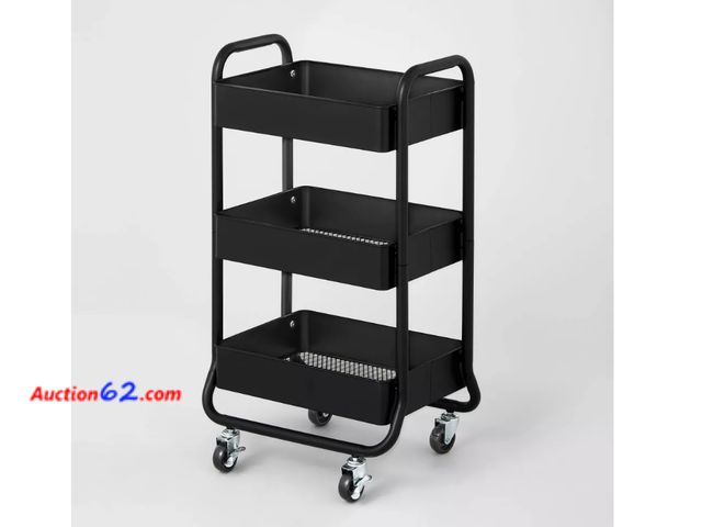 Lot 44-1537w - 3 Tier Metal Utility Cart Black - Brightroom™: Rolling Storage Trolley with Wheels, Powder-Coated, Rust-Resistant Not Tested See All Photo's...