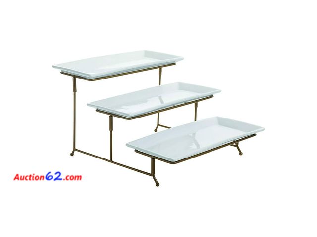 Lot 44-5433p - Gibson Elite Gracious Dining 3-Tier Serving Display Stand, Rectangular White Porcelain Plates, Tiered Serving Display - Elegant Food Present...