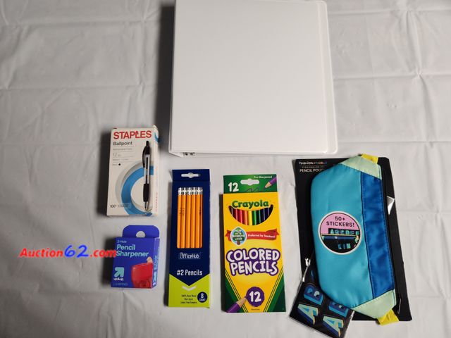 Lot 44-2109g - 1 Fashion Angels pencil pouch with 50 stickers to personalize bag. 1 box of 12 Crayola Pencils, 1 box of 8 #2 pencils,  1 two hole pencil sh...