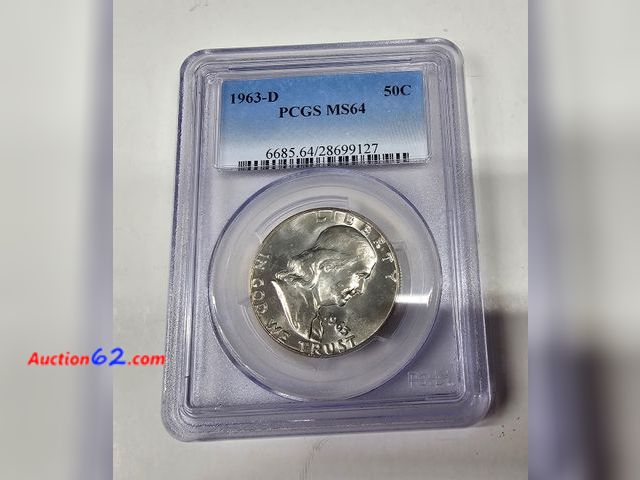 Lot 44-8331b - 1963 D FRANKLIN 90% SILVER HALF DOLLAR GRADED MS64 (MINT STATE) BY PCGS. MINTED IN DENVER-NT