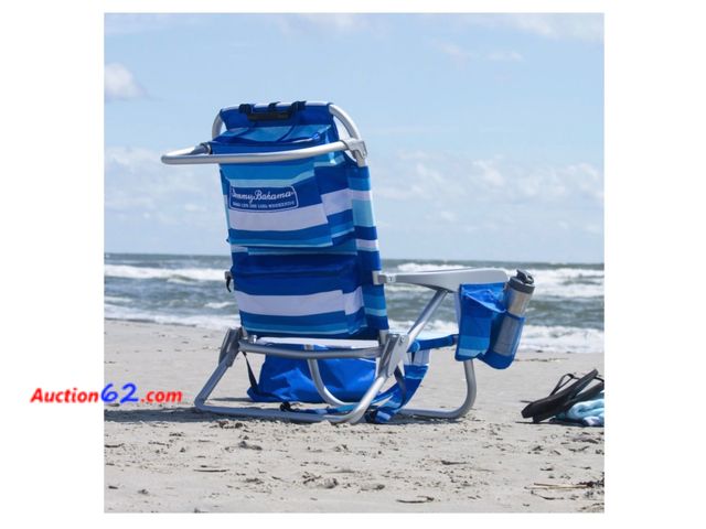 Lot 44-575e - Tommy Bahama Beach Chair 5-Position Lay Flat Blue Stripe Not Tested See All Photo's Appears New, A basic inspection has been given to this i...