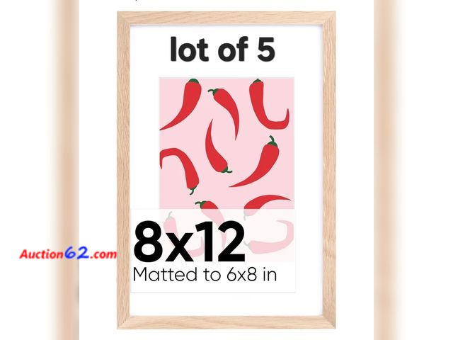 Lot 44-6543w - Lot of 5 Homeforia Premium Oak Wooden Picture Frames 8x12 with 5x7 Mat and Tempered Glass, Wall Hook Included Appears New, A basic inspectio...