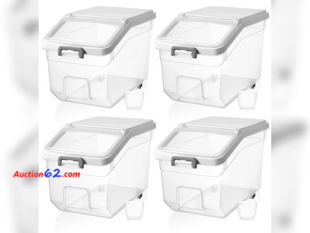 Lot 44-853i - Sunnyray 4 Pcs Rice Storage Container 28 lb Airtight Flour Container with Wheels Measuring Cup Clear Pet Food Cube Dog Birds Cat Food Bin Gr...