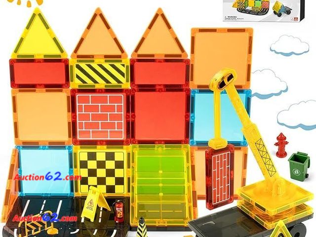 Lot 44-9049p - Magnetic Tiles Road Set with Extendable Magnet Crane Car Toys, Construction Building Toys for Kids Ages 3-5 4-8 Appears New, A basic inspect...
