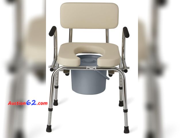 Lot 44-7481g - Guardian Drop Arm Commode with padded seat and backrest, durable toilet chair, removable pail, splash guard, Drop down arms for easy transfe...