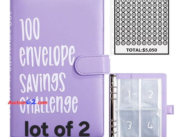Lot 44-6548w - Lot of 2 100 Envelopes Money Saving Challenge: Magnetic Buckle, A5 Binder, Numbered Sheets, Light Purple, 52-Week Money Challenge, Ultimate ...