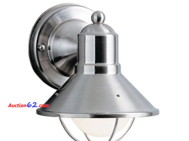 Lot 44-120w - Seaside 1 Light 8 inch Brushed Nickel Outdoor Wall, Small Appears New, A basic inspection has been given to this item. Sold AS-IS.