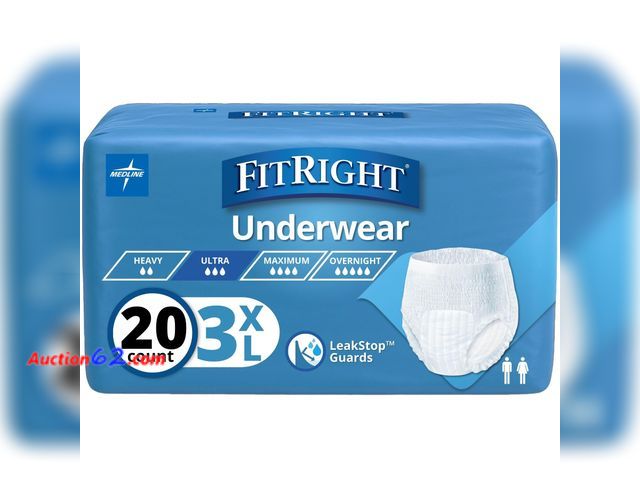 Lot 44-605e - FitRight Adult Incontinence Underwear, Heavy Absorbency, 3X-Large, 75"-94" Waist (20 Count) See All Photo's Not Tested Appears New, A basic ...