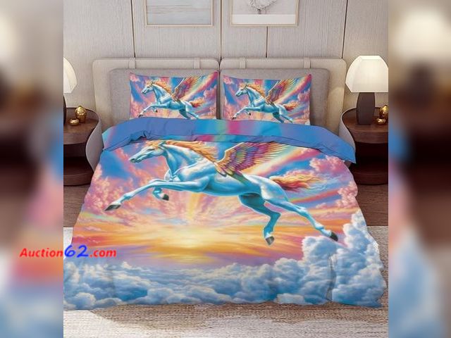 Lot 44-6733t - Delerain Comforter Cover Set Twin Size, Rainbow Horse Wings 3-Piece Bedding Set, 1 Duvet Cover + 2 Pillowcases Appears New, A basic inspecti...