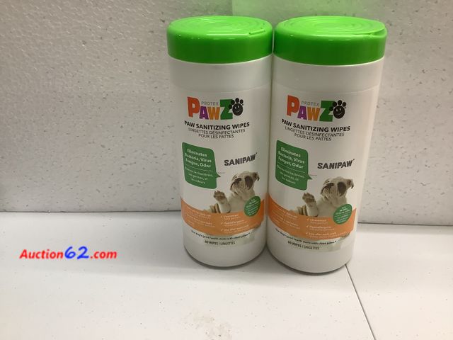 Lot 44-6222e - Two containers of “PawZ Sanitizing wipes” 60 wipes in each container, Eliminates Bacteria, Virus, Fungus, and Odors. Appears New, A basic in...