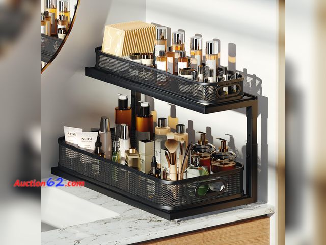 Lot 44-1995j - $79.99 Retail price - Biboraya 2-Pack 21.3 IN Depth Under Sink Organizer With Next-Gen Ball-Bearing Slides,Sophisticated Mesh 2-Tier Pull Ou...