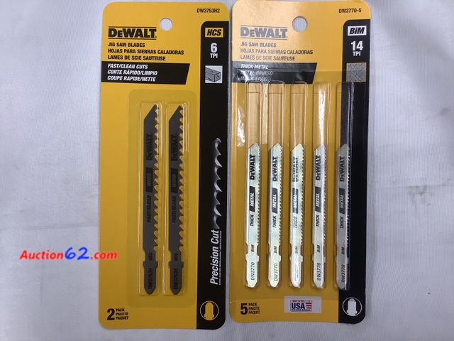 Lot 44-6117e - 1 Package of 2 DeWalt Jig Saw Blades, Fast/Clean Cuts Wood, Precision Cut HCS 6TPI, &amp; 
1 package of 5 Jig Saw Blades Thick Metal, BIM 14...