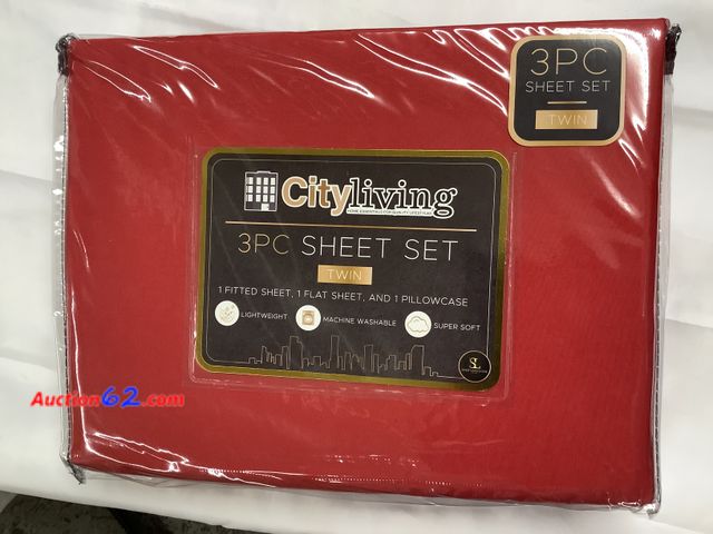 Lot 44-6029o - City living 3pc sheet set “Twin” 1 fitted sheet, 1 Flat sheet, 1 pillowcase See All Photo's Not Tested Never opened, Factory Sealed