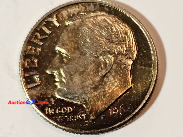 Lot 44-8362j - MONSTER TONED 1964 D ROOSEVELT 90% SILVER DIME. WHEN YOU CARTWHEEL THE COIN IN THE LIGHT YOU'LL SEE LOTS OF PRETTY YELLOW AND RED TONES. THE...