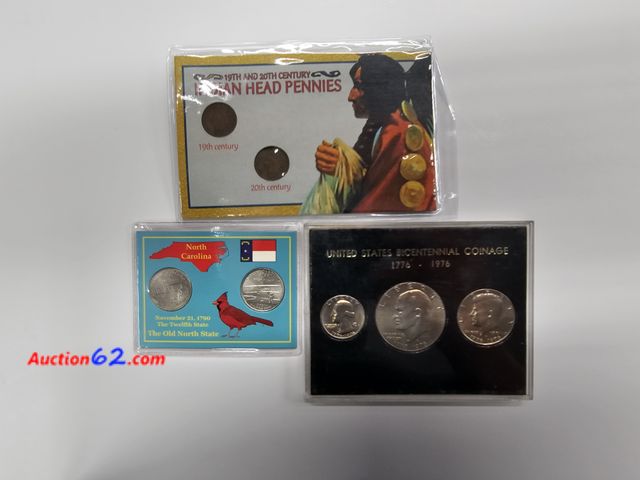Lot 44-8363f - 3 COIN SETS - 1976 BICENTENNIAL SET W/EISENHOWER DOLLAR, HALF DOLLAR, QUARTER - 2 COIN P AND D NORTH CAROLINA STATE QUARTER SET AND 19TH AND...