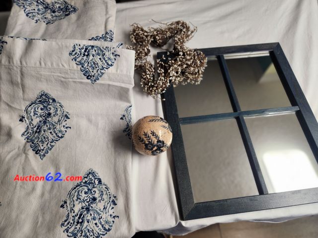 Lot 44-2021i - 6 - 48” x 91” curtain panels. White with blue and sage green scattered design. 1- approz 18” x 22” decorative blue distressed picture with m...