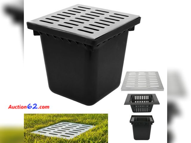 Lot 44-109 - Catch Basin with Stainless Steel Grate, 18x18x15 Inch Large Drainage Catch Basin with Debris Basket French Drain Basin Without Reserved Hole...