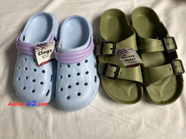 Lot 44-2013w - New. Retails for $9.99 each. Olive green beans Erzurum slides women’s size 8-9. Sky blue with lavender band Clogs. Women’s 8-9. See photos. ...