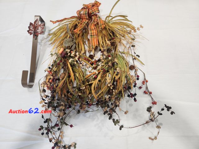 Lot 44-3602m - 1 fall wreath measures approx 2 foot long x 1 foot wide.1 fall wreath hanger brown with fall leaf. Measures approx 1 ft 3 inches high x 3 in...
