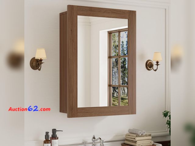Lot 44-158 - Buruis 20 x 28 Inch Walnut Grain Medicine Cabinet with Mirror, Recessed or Wall-Mounted Wood Storage Cabinet for Bathroom, Adjustable Shelve...