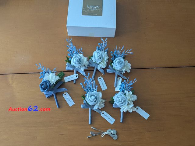 Lot 44-3073g - Ling's Moment - Set of 6 Dusty Blue boutonnieres - 1-Groom boutonniere and 5-Groomsmen boutonnieres - Ecommerce Return - Appears New, Sold A...