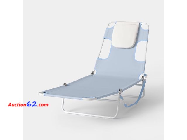 Lot 44-186e - Light Blue Foldable Beach Lounge Chair with Headrest See All Photo's Appears New, A basic inspection has been given to this item. Sold AS-IS...