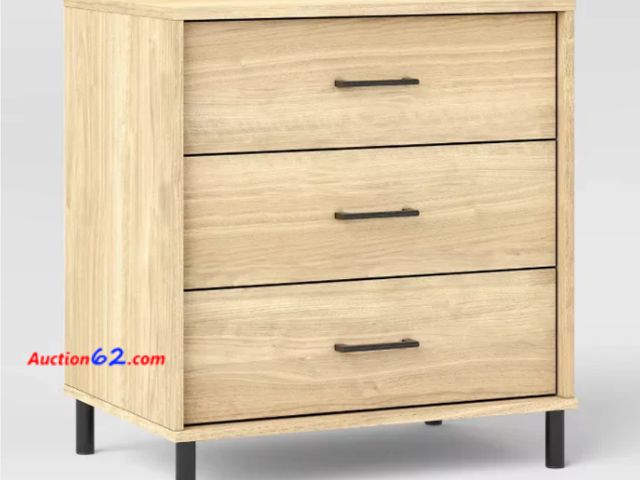 Lot 44-27a - $140 Retail value- Mixed Material Wood and Metal 3 Drawer Dresser Natural Wood - Room Essentials Appears New, A basic inspection has been gi...