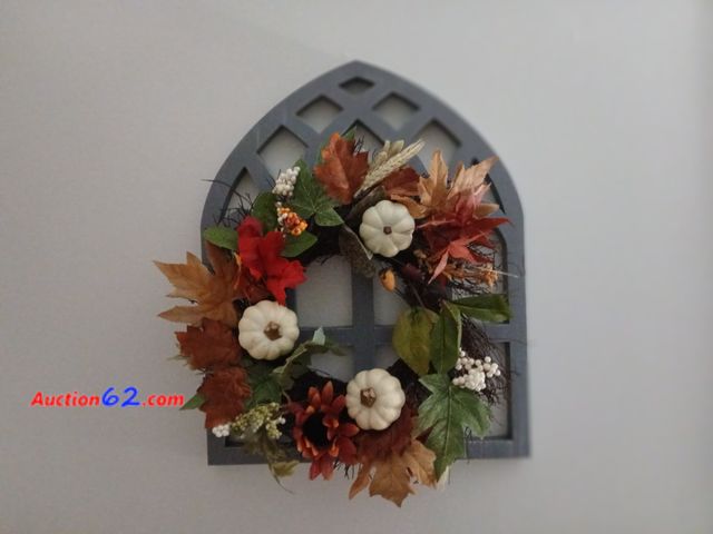 Lot 44-3626m - One new heavy plastic gray arch with one new fall wreath.  Measures approximately 22" x 17".  Wreath measures approximately 16" x 16".  See ...