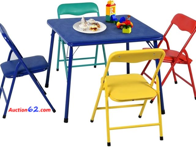 Lot 44-7395p - 5 piece kids folding table and chairs set small foldable square table and chair,  multi-colour PVC padded seats, metal frame  Appears New, A...
