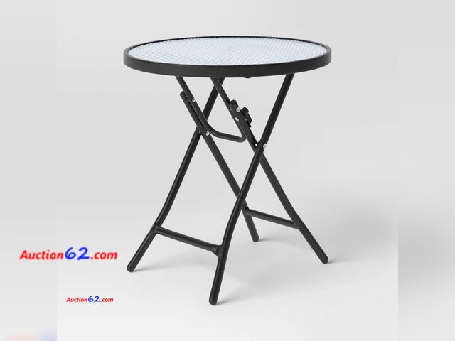 Lot 44-431o - Lot Of 4 - Glass Round Printed Folding Outdoor Portable Side Table Blue/White/Black - Room Essentials™ Appears New, A basic inspection has b...