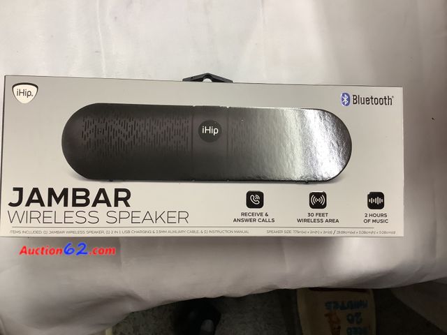 Lot 44-6048a - iHiP JamBar Wireless Speaker, BlueTooth
30 Feet Wireless Area Reach. 
2 Hours of Music.
BLACK Appears New, A basic inspection has been given...