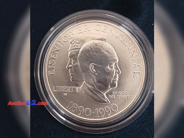 Lot 44-8302v - 1990-W EISENHOWER CENTENNIAL 90% SILVER DOLLAR COMMEMORATIVE COIN. MINTED BY THE WEST POINT MINT. OBVERSE FEATURES IKE AS PRESIDENT AND GENE...