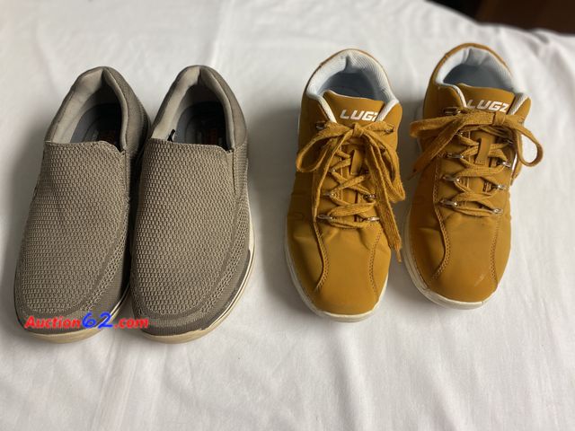 Lot 44-2112j - Size 10 extra wide men’s Skechers slip on shoes. Used . Brownish color. Size 11 men’s Lugz shoes. Used. Deeper gold color. See photos. Used ...