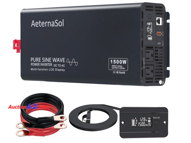 Lot 44-1706e - Pure Sine Wave Inverter 1500 Watt Inverter 12V DC to 110V-120V AC Converter for Vehicle RV Truck Camping Solar Home with 2 AC Outlets, USB F...