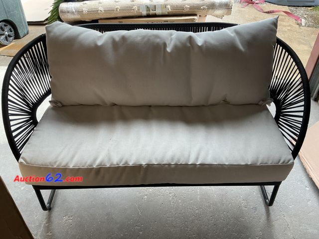 Lot 44-304p - Black Patio Loveseat - Woven Rope Design, Metal Frame, Removable Cushions, Outdoor Seating E-Commerce Return, A basic inspection has been gi...