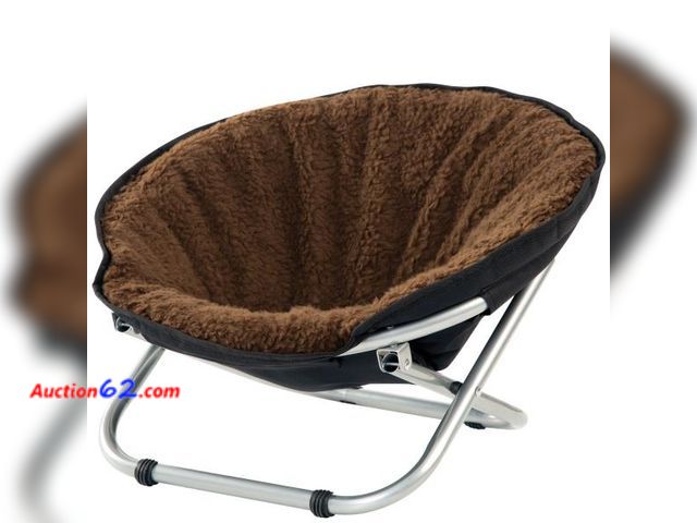 Lot 44-173b - Etna Folding Pet Cozy Chair - Portable Round Fold Out Elevated Cat Bed - Brown Fleece Top Cushion - Papasan Chair for Small Dogs - 2. Ecomme...