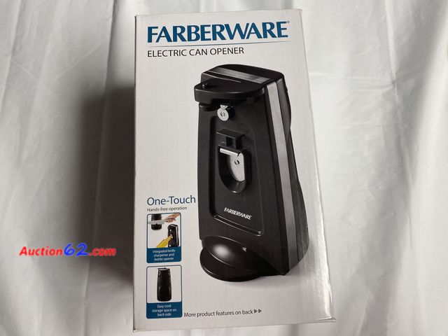 Lot 44-2000t - New. Farberware.  Electric Can Opener. One- touch operation. Integrated knife sharpener and bottle opener. Easy cord storage space on back s...