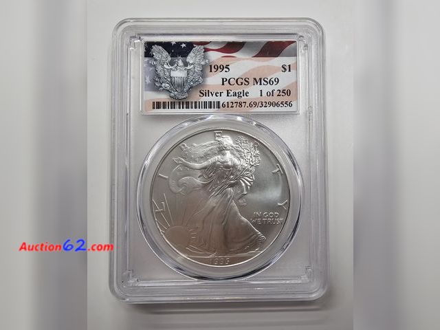 Lot 44-8378f - 1995 ONE OUNCE .999 FINE PURE SILVER EAGLE GRADED MS69 (MINT STATE) BY PCGS. JUST 1 POINT SHY OF A PERFECT COIN!-NT