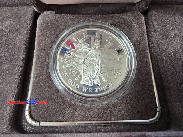 Lot 44-8332k - 1989-S CONGRESS 90% SILVER DOLLAR PROOF W/LADY LIBERTY. BEAUTIFUL OBVERSE W/HERALDIC EAGLE ON REVERSE. BICENTENNIAL OF THE CONGRESS. MINTED ...