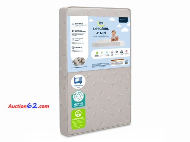 Lot 44-583e - Delta Children Serta SleepTrue Mini Crib Mattress, Premium Sustainably Sourced Fiber Core, Hypoallergenic &amp; Waterproof Cover, Greenguard...