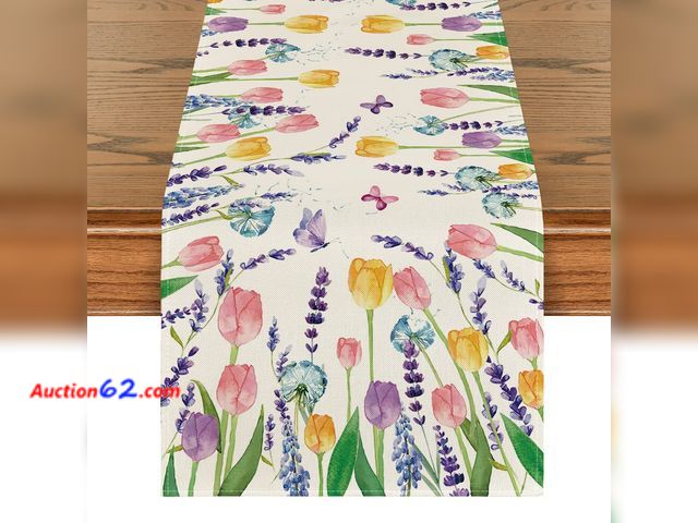 Lot 44-9231 - Retail of $18-Artoid Mode Tulip Lavender Spring Table Runner, Seasonal Summer Kitchen Dining Table Decoration for Home Party Decor 13x60 Inc...