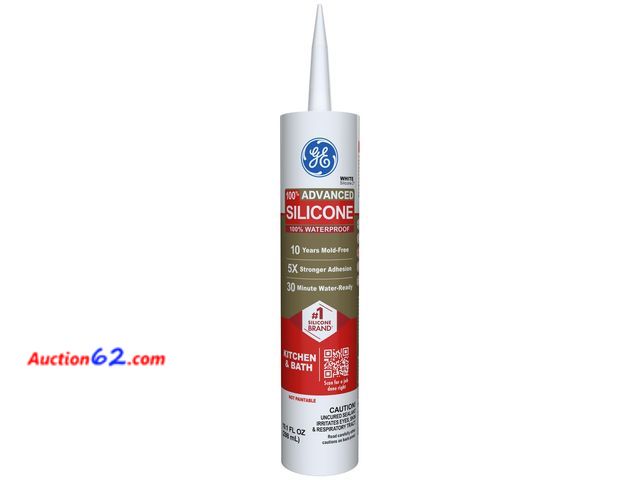 Lot 44-1911i - GE Advanced Silicone Caulk for Kitchen &amp; Bathroom, White, 10 fl oz Cartridge, 1 Pack - 100% Waterproof Silicone Sealant, 5X Stronger Adh...