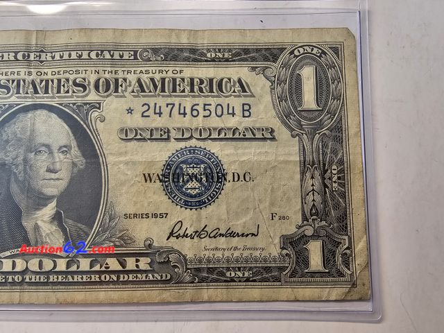 Lot 44-8318r - 1957 SERIES $1 SILVER CERTIFICATE STAR NOTE. CIRCULATED. A STAR NOTE IS A REPLACEMENT NOTE FOR WHERE AN ERROR OCCURRED IN THE PRINTING. FROM...