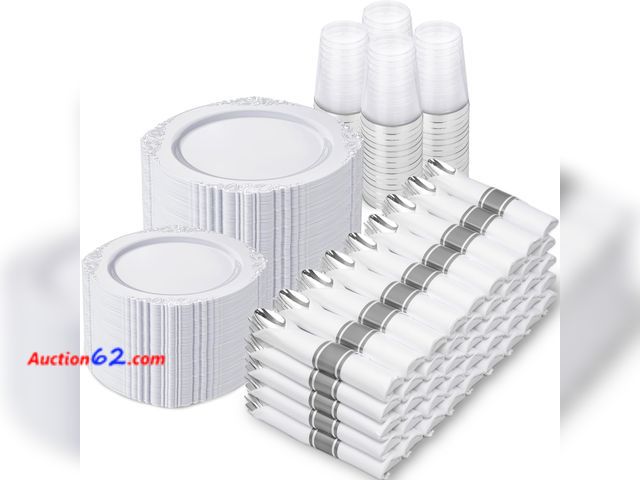 Lot 44-1999j - $107.99 Retail price - Nervure 700PCS Silver Plastic Plates - Silver Plastic Dinnerware Sets for 100 Guests - 200 Disposable Plates, 300 Sil...