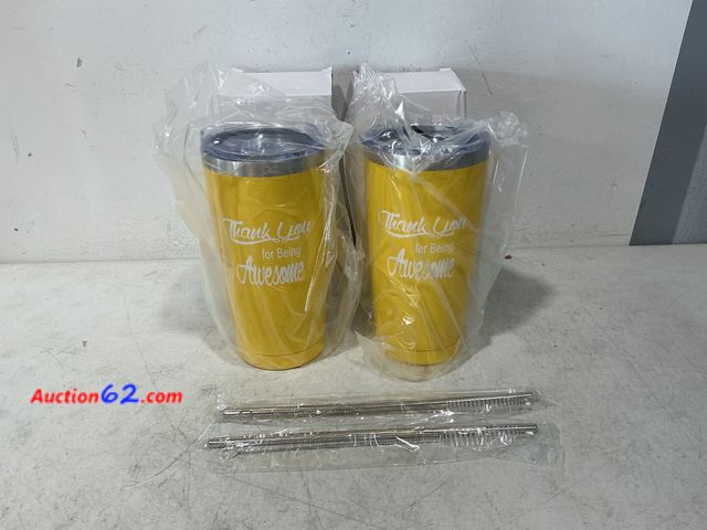 Lot 44-817 - Set of 2 Yellow Tumblers with Lids and Straws - Thank You for Being Awesome Not Tested See All Photo's Appears New, A basic inspection has b...