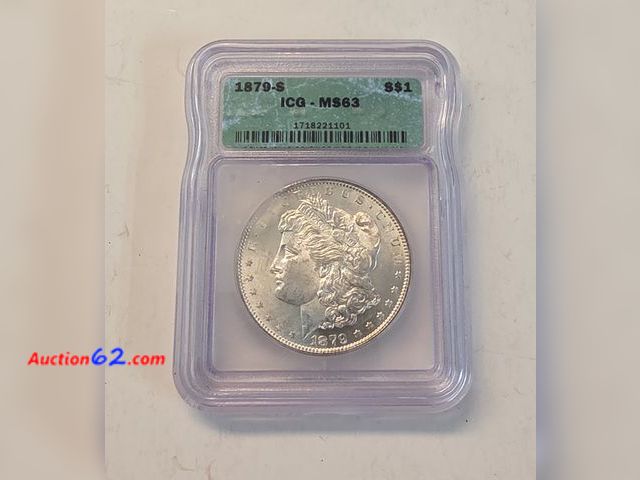 Lot 44-8396w - 1879-S LIBERTY HEAD 90% SILVER MORGAN DOLLAR GRADED MS63 BY ICG. MINTED IN SAN FRANSICO. - NT